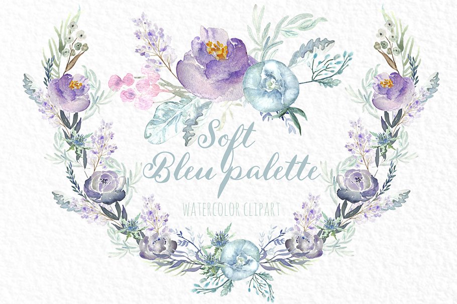 淡蓝色牡丹水彩花插画 Soft Blue Peonies Watercolor flowers插图(1)