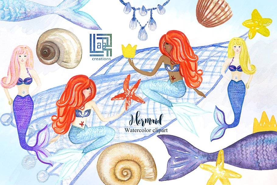 美人鱼与海水彩剪贴画 Mermaid sea. watercolor clipart插图(5)