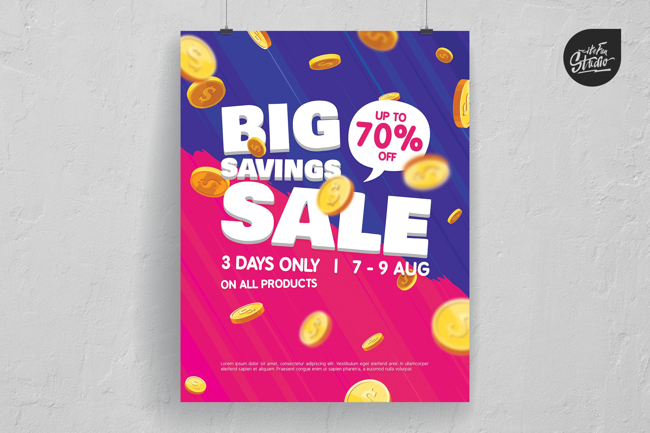 天降金币大型促销活动海报设计模板 Falling Coins Big Savings Sale Poster And Flyer插图