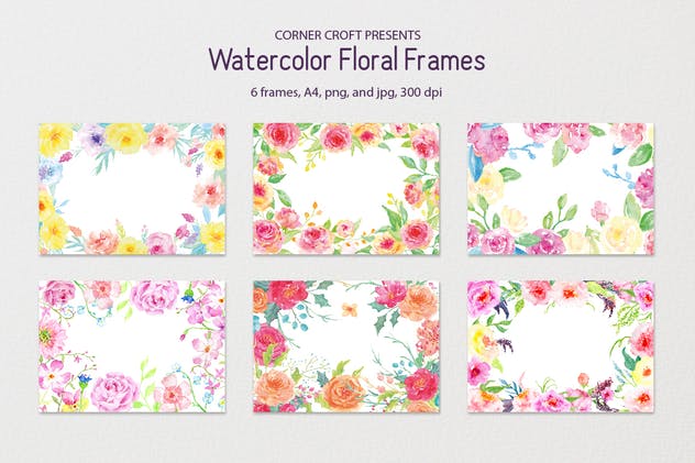 黄色&粉红色水彩花卉框架套装 Watercolor floral frame yellow and pink插图(1)