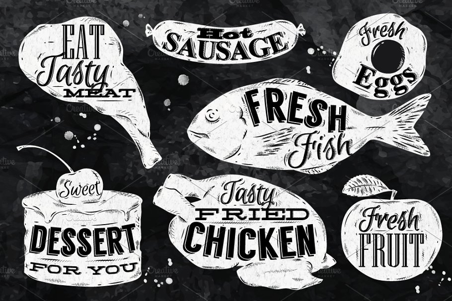 复古风格食物符号插画 Food retro symbols插图(1)