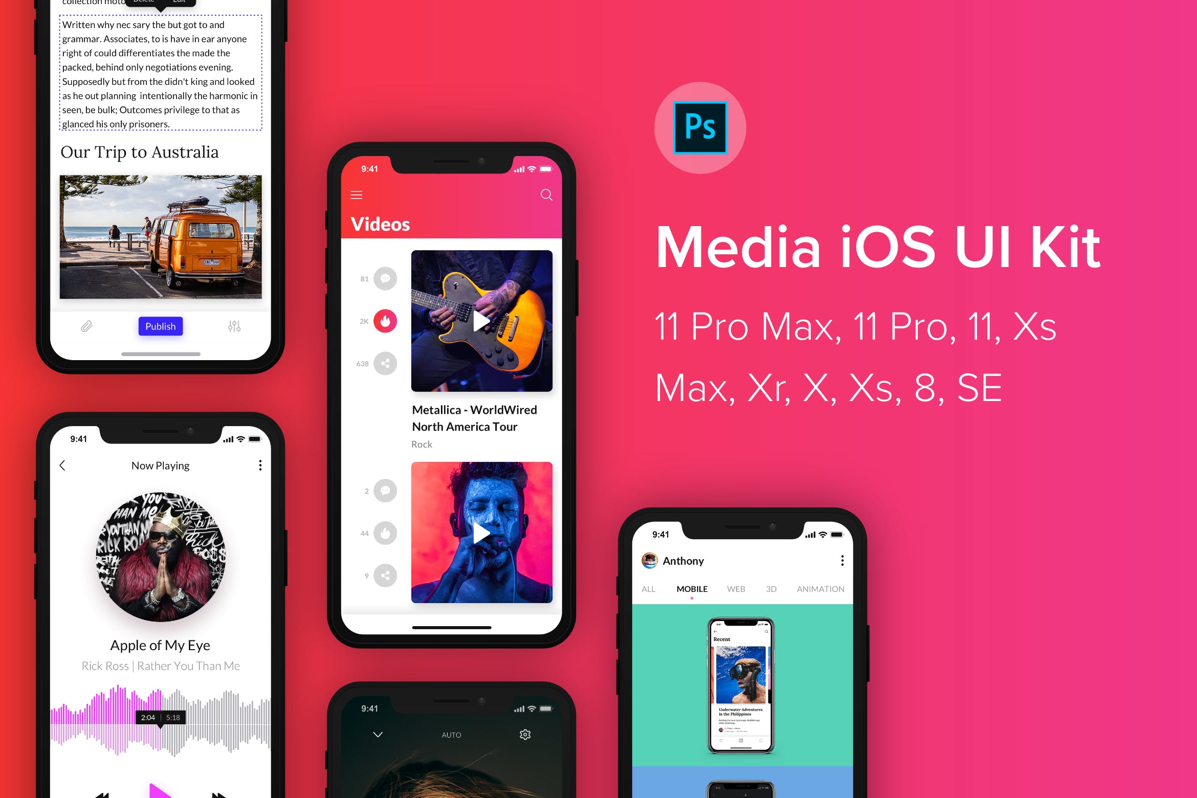 iOS平台多媒体APP应用UI设计PSD模板 Media iOS UI Kit (Photoshop)插图