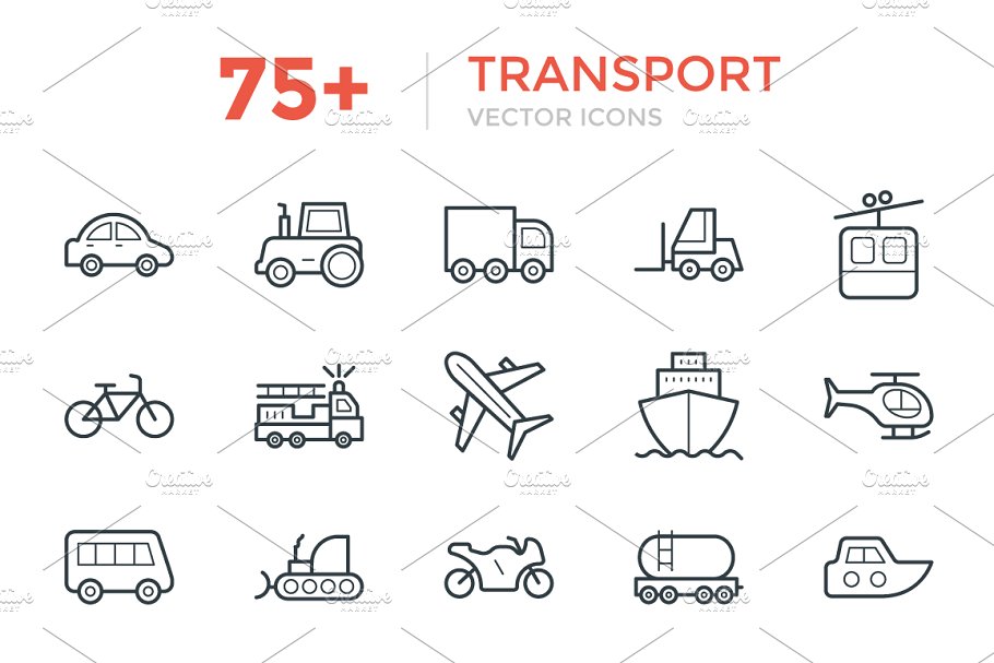 75+交通工具运输主题简笔画矢量图标 75+ Transport Vector Icons插图