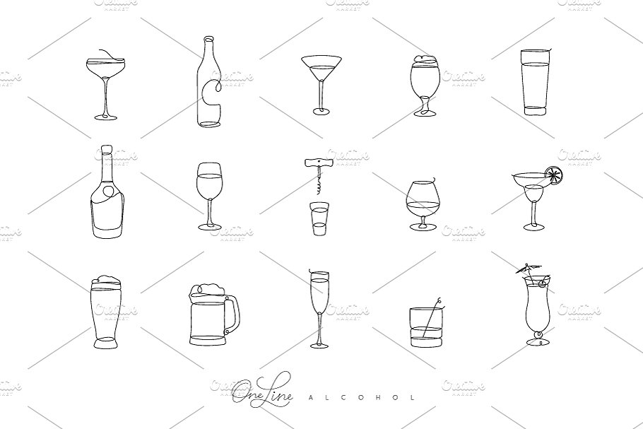一条线组成的酒精类图案图标 One Line Alcohol插图(1)
