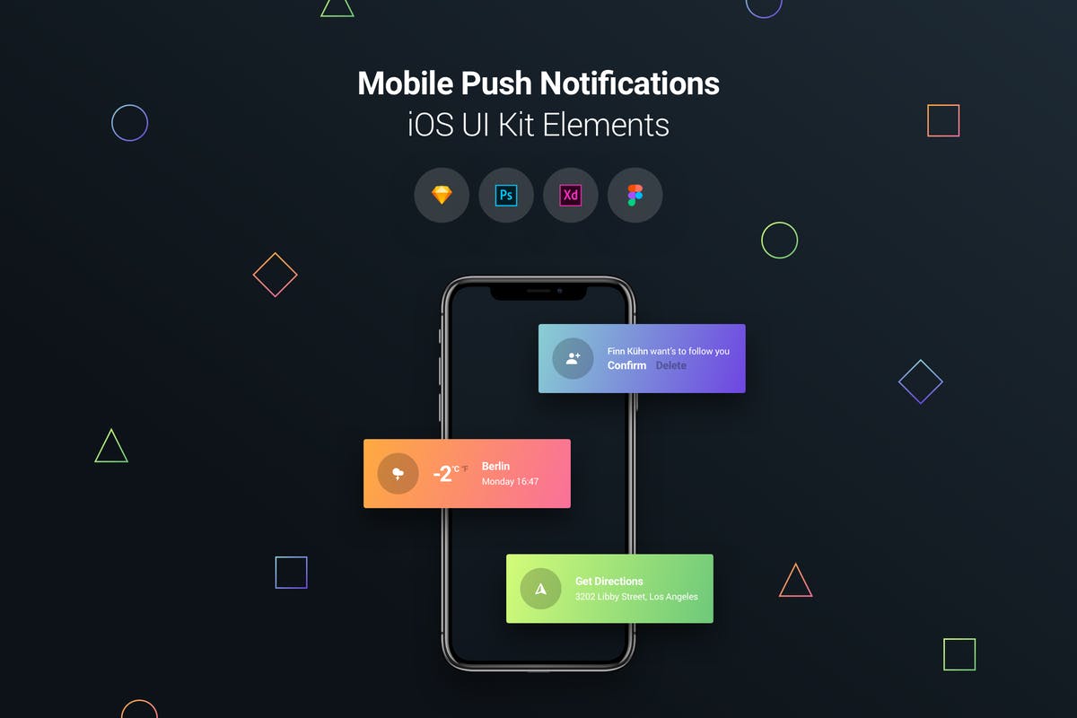 iOS手机应用Push通知界面UI设计模板 Mobile Push Notifications – iOS UI Kit Elements插图