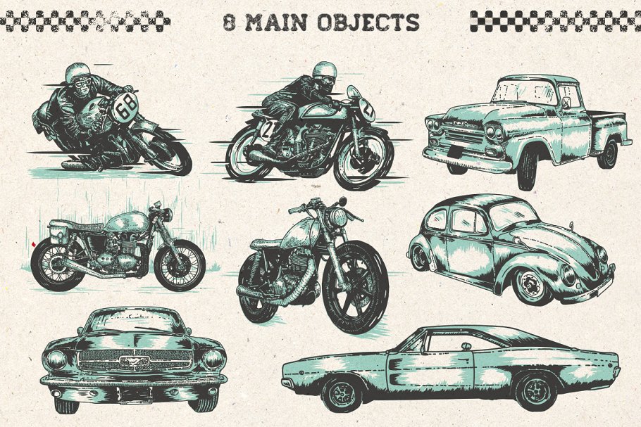 创意手绘老式汽车摩托车剪贴画合集 Hand drawn Cars and Bikes插图(2)