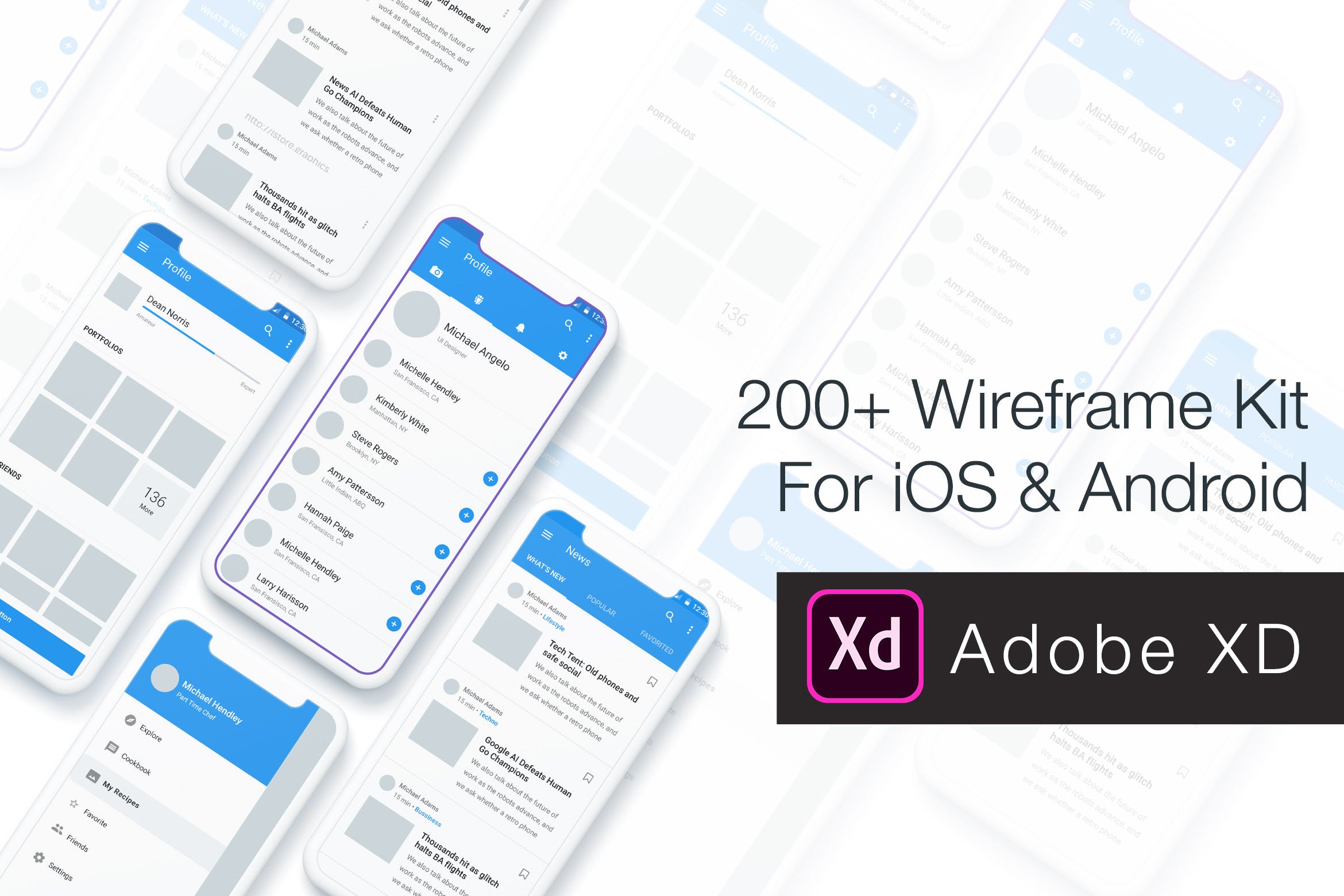 200+ iOS/Android平台应用设计线框图XD模板 Baseframe – Wireframe UI KIT 200++ XD Version插图