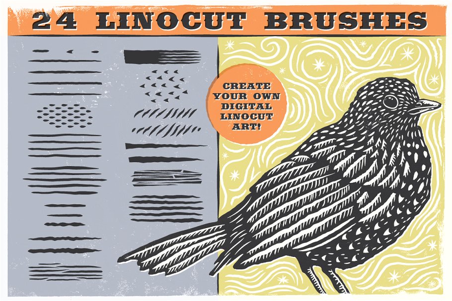 亚麻油毡浮雕AI笔刷 Linocut Brushes插图