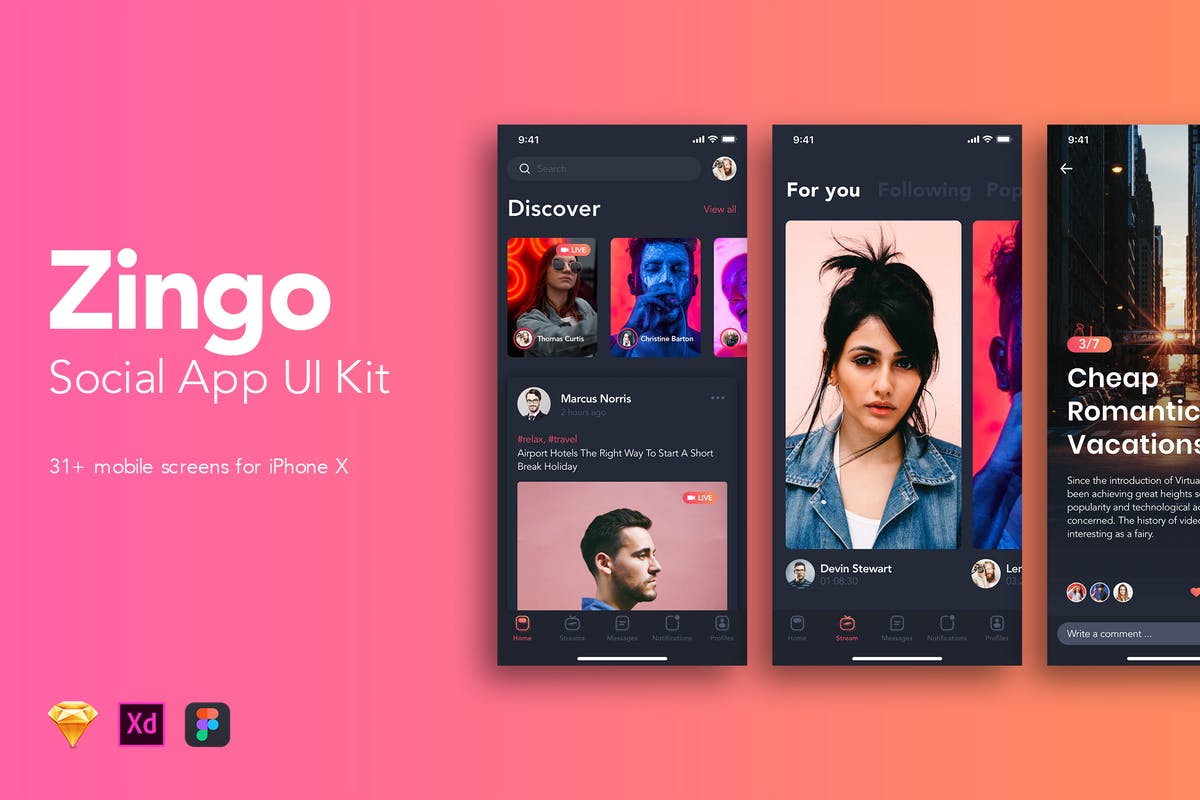 时尚大气社交APP应用UI设计套件 Zingo – Social App UI Kit插图