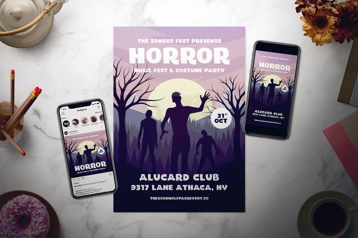 万圣节恐怖主题派对活动海报设计模板 Halloween Flyer Set插图(1)