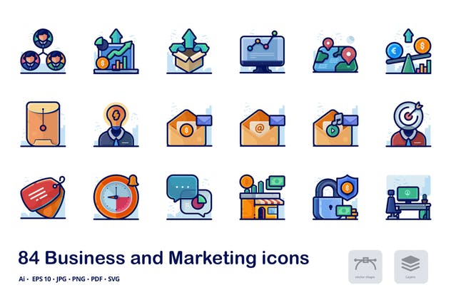 商业和市场营销主题多彩线形图标 Business and marketing detailed filled line icons插图(2)