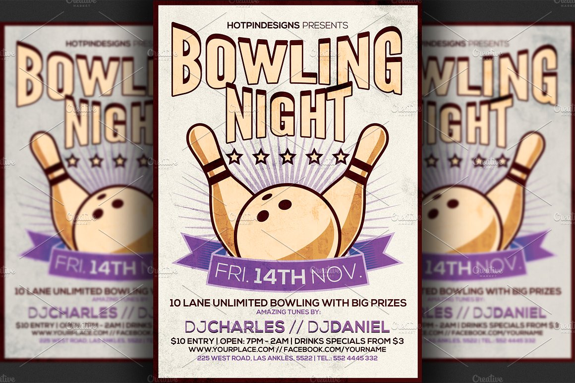 保龄球俱乐部宣传广告海报设计模板 Bowling Night Flyer Template插图