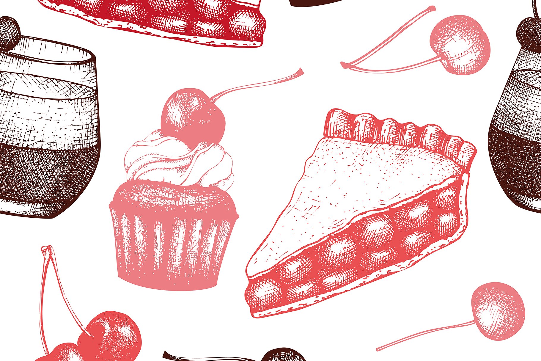 墨水手绘烘焙樱桃甜点矢量插图合集 Cherry Desserts & Baking Set插图(5)
