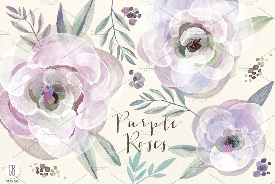 紫色玫瑰和树叶水彩剪贴画 Watercolor purple roses and leaves插图