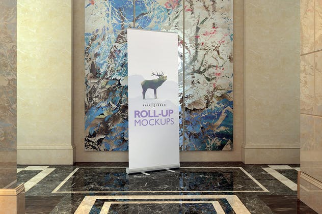 高端大厦场景易拉宝广告Banner样机模板 Roll-up Banner Mockup PSD插图(1)