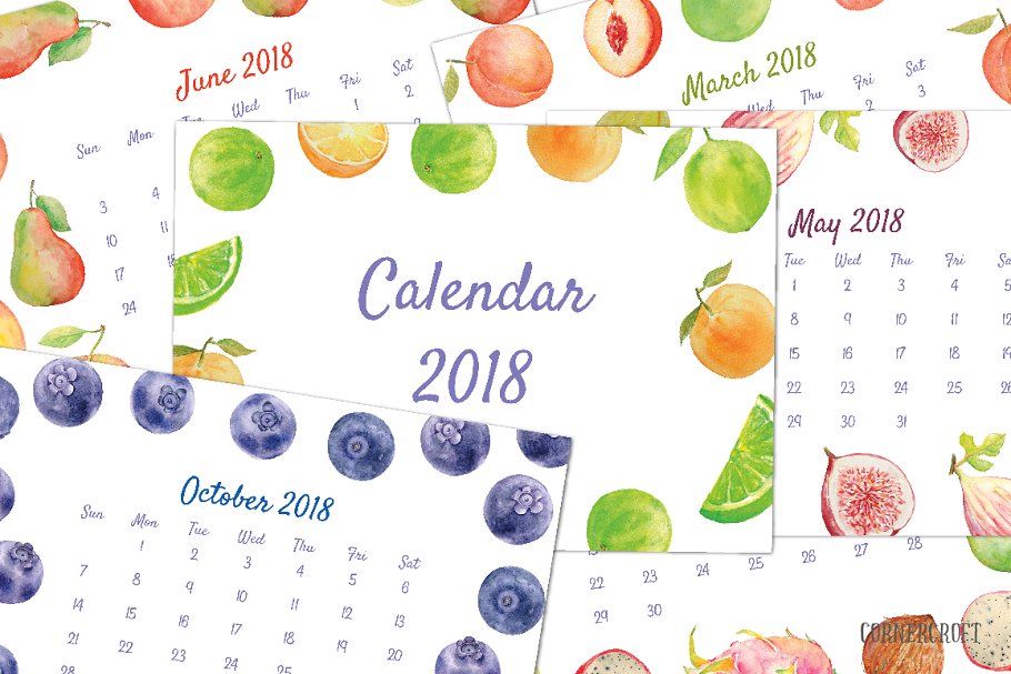 水彩水果年历/日历模板 2018 Calendar Watercolor Fruit插图