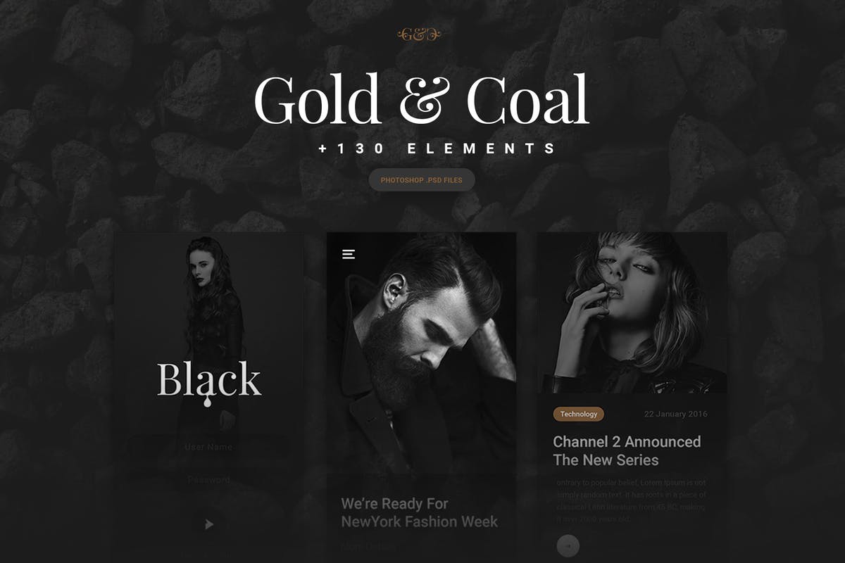 “黑与金的绝配”-多用途 APP UI 套件 Gold &  Coal – UI Kit for Mobile插图