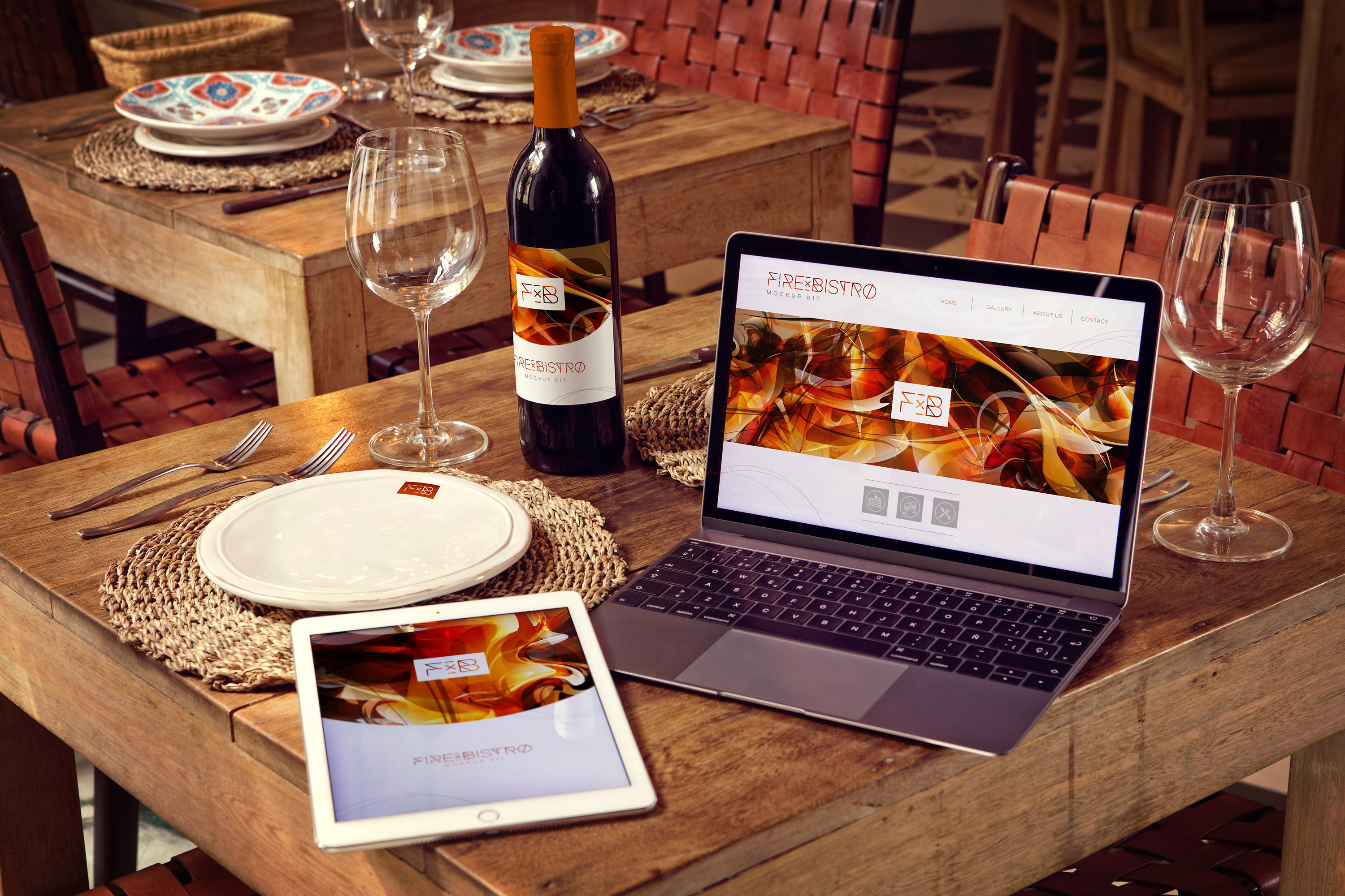 酒瓶/iPad Air/MacBook品牌VI设计样机模板 Wine Bottle, iPad Air 2, Macbook Mockup插图