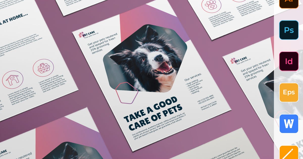 宠物美容护理活动广告传单设计模板插图