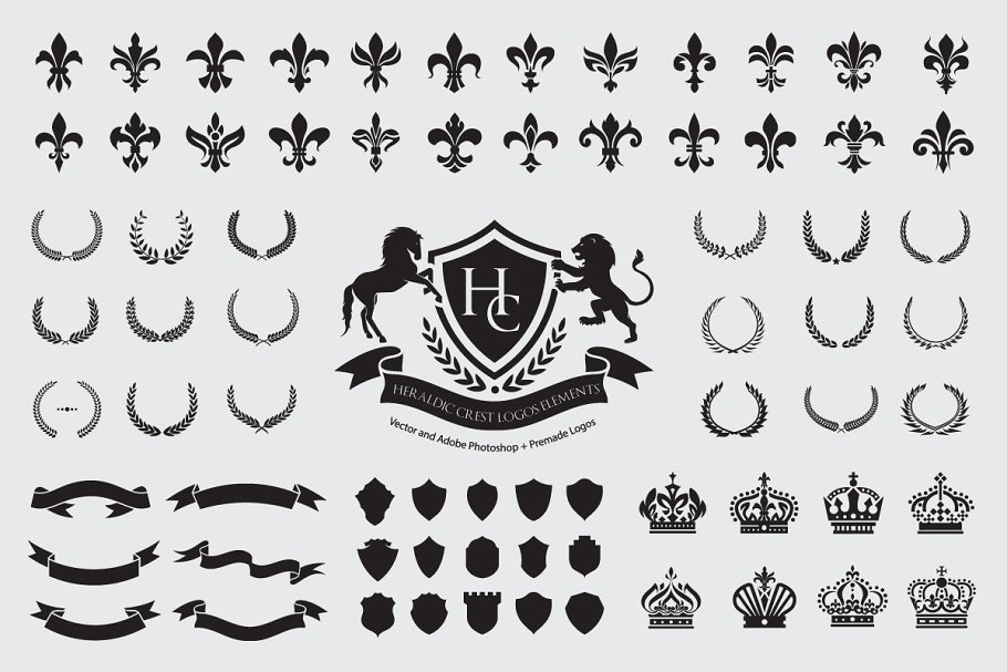 奢侈花边纹章徽标设计组成套件 Heraldic Crest Logos elements set插图(2)