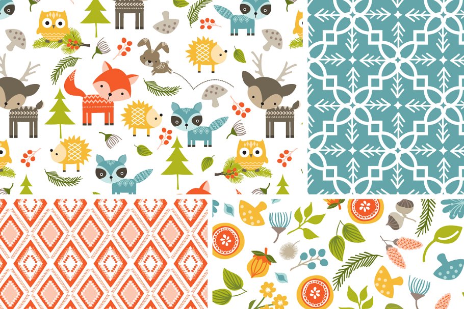 可爱的森林动物花卉几何背景 Cute Wee Woodland Repeat Patterns插图(1)