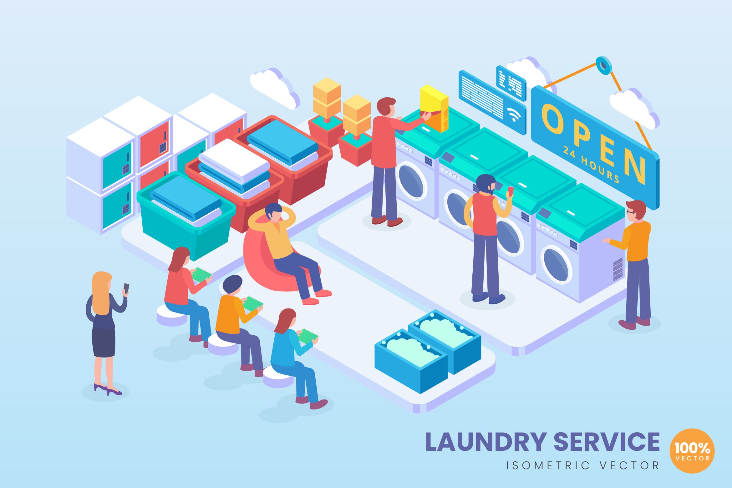 洗衣自助服务主题等距矢量概念插画素材 Isometric Laundry Service Vector Concept插图