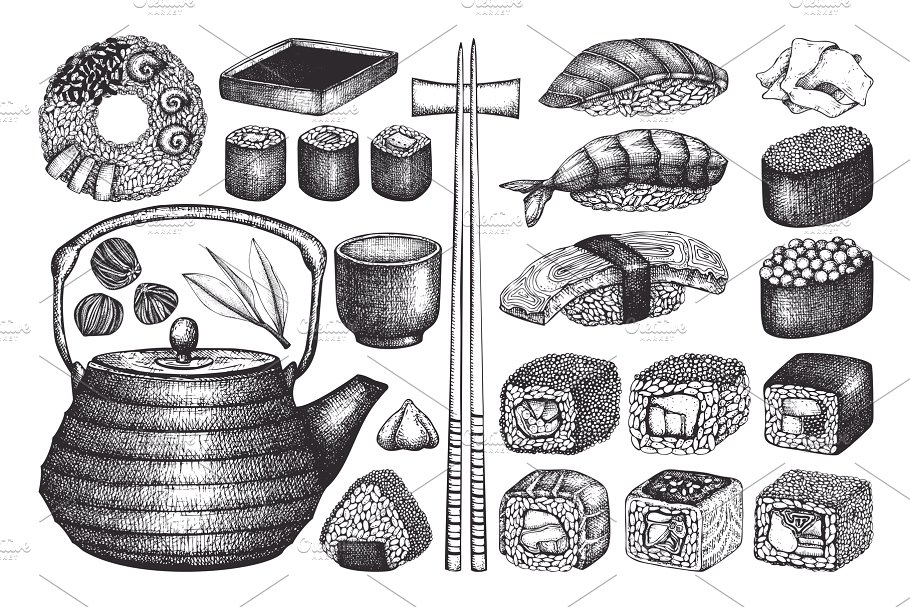 寿司&海鲜矢量插画素材 Vector Sushi & Seafood Set插图(1)