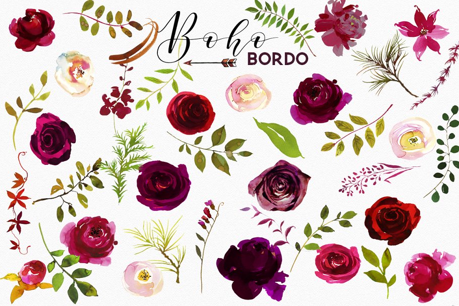 波希米亚式&波尔多水彩花卉剪贴画 Boho Bordo Watercolor Flowers插图(6)