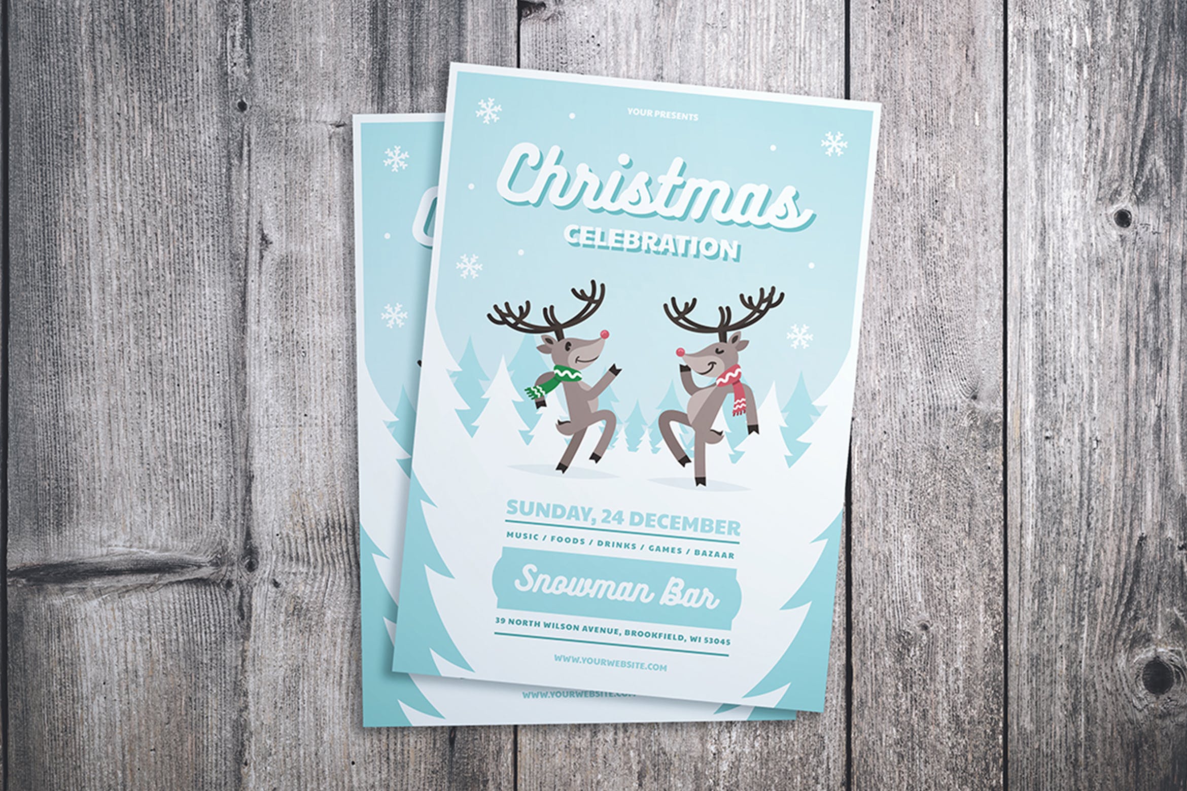 与鹿共舞圣诞节庆祝派对活动海报设计模板 Christmas Celebration Flyer插图