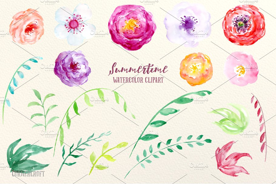 夏季水彩装饰艺术花卉剪贴画 Watercolor Flowers Summertime插图(1)