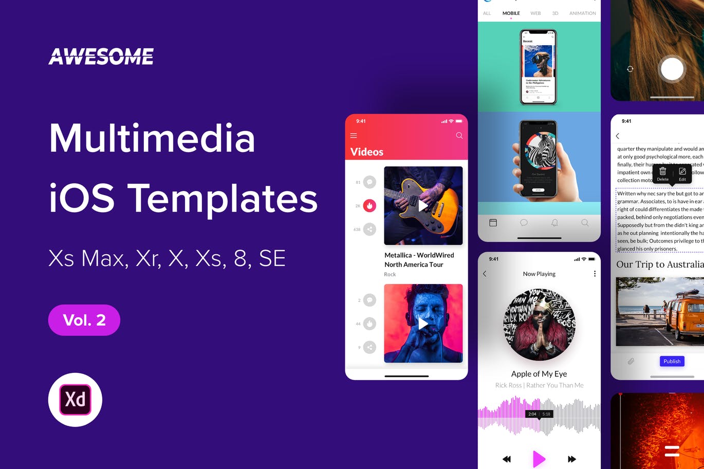 iOS手机多媒体APP应用UI设计套件XD模板v2 Awesome iOS UI Kit – Multimedia Vol. 2 (Adobe XD)插图