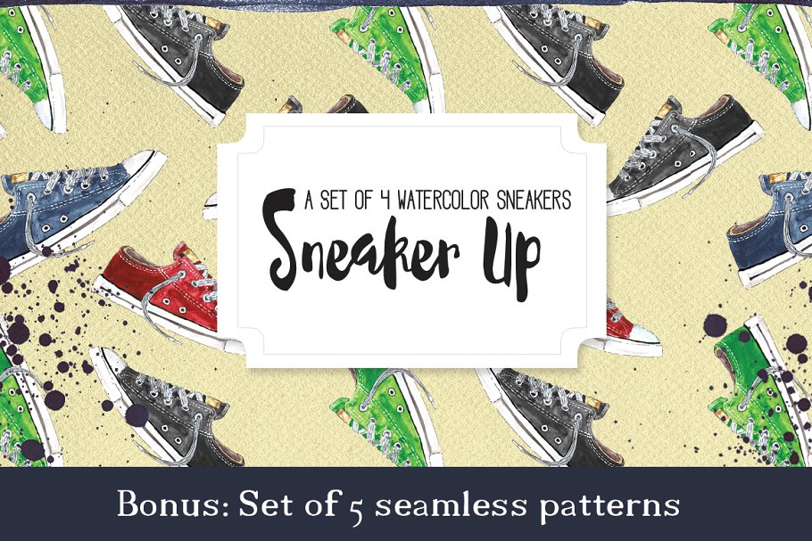 明亮的手绘水彩板鞋插画 Watercolor Sneakers + Bonus插图(3)