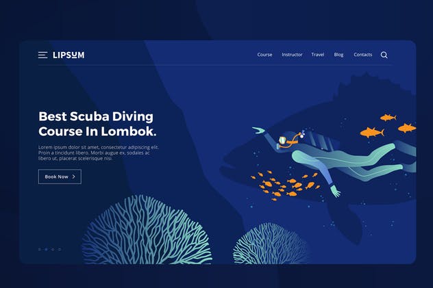 潜水矢量插画网站着陆页设计模板 Scuba Diving Vector Illustration插图(1)
