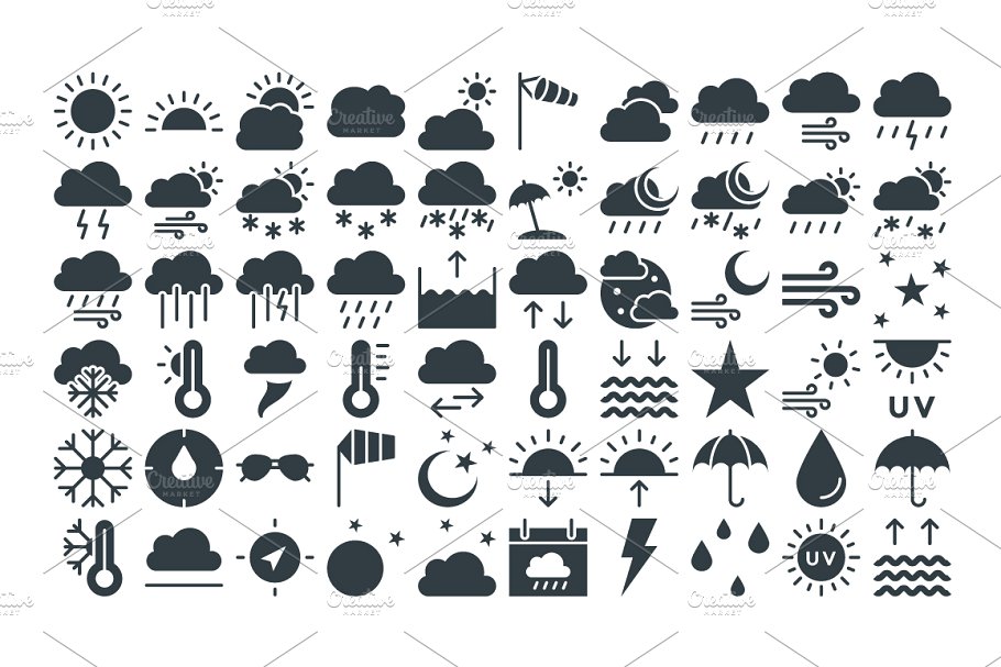 50+天气预报主题彩色平面设计图标 50+ Weather Vector Icons插图(1)