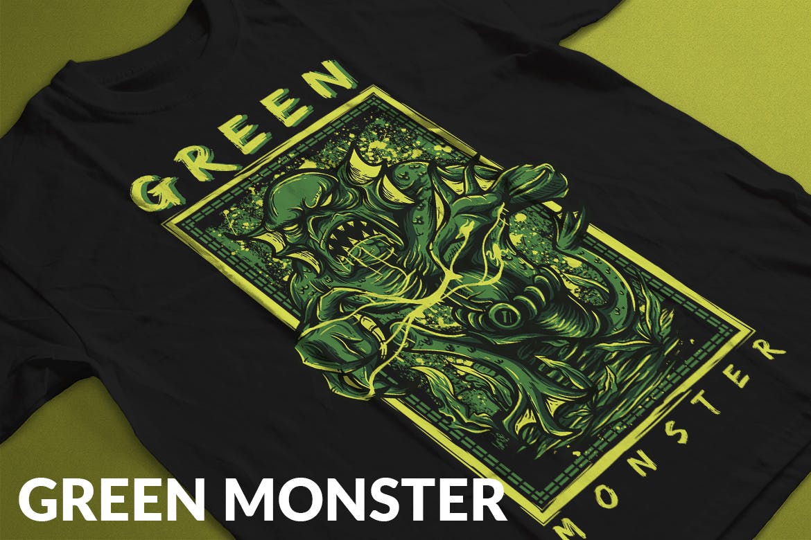 绿色怪兽手绘插画T恤印花图案素材 Green Monster插图(1)