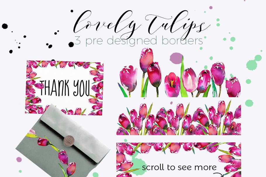 粉红郁金香水彩花卉套装 Pink Tulips Watercolor Floral Set插图(4)