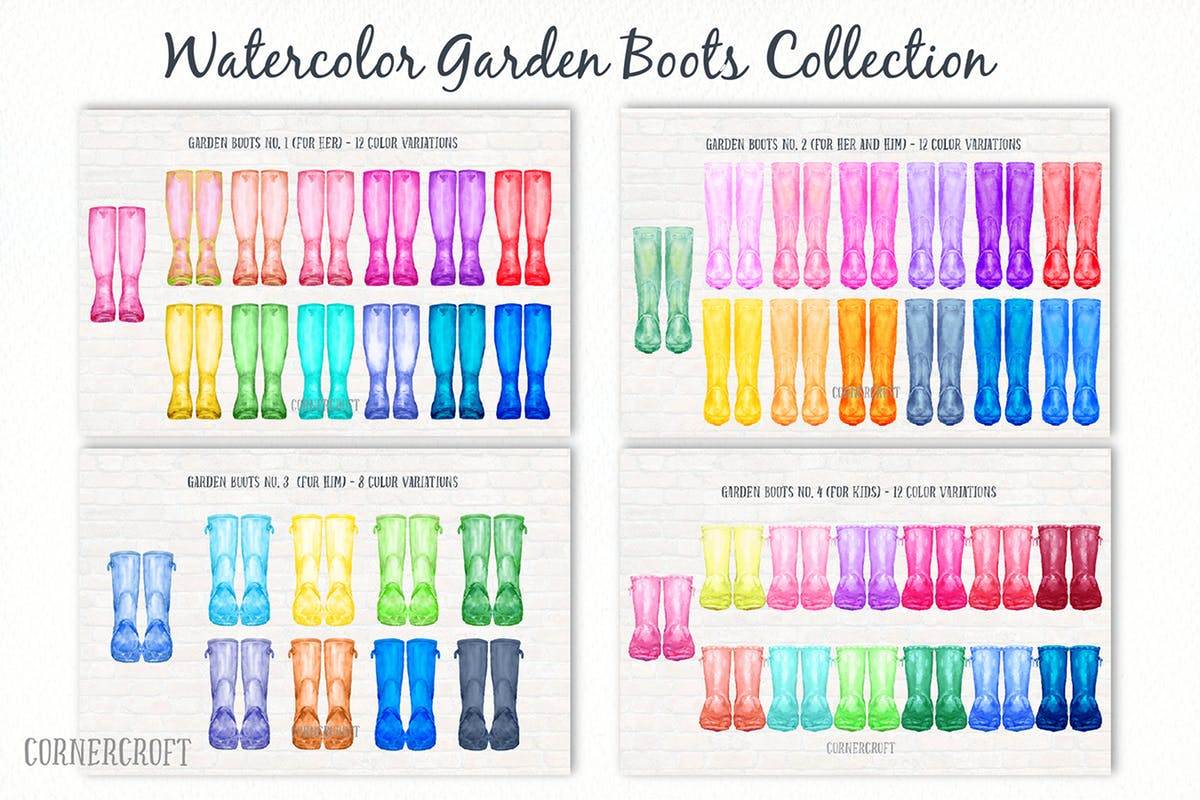 花园高筒靴系列水彩插图 Watercolor Garden Boots Collection插图