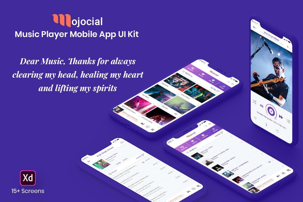 在线听歌APP应用UI界面设计XD模板 Mojocial-Music Player Mobile App UI Kit-(Adobe XD)插图(3)