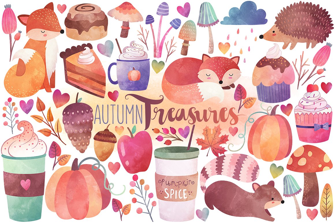 秋季主题水彩剪贴画合集 Watercolor Autumn Clipart Bundle插图