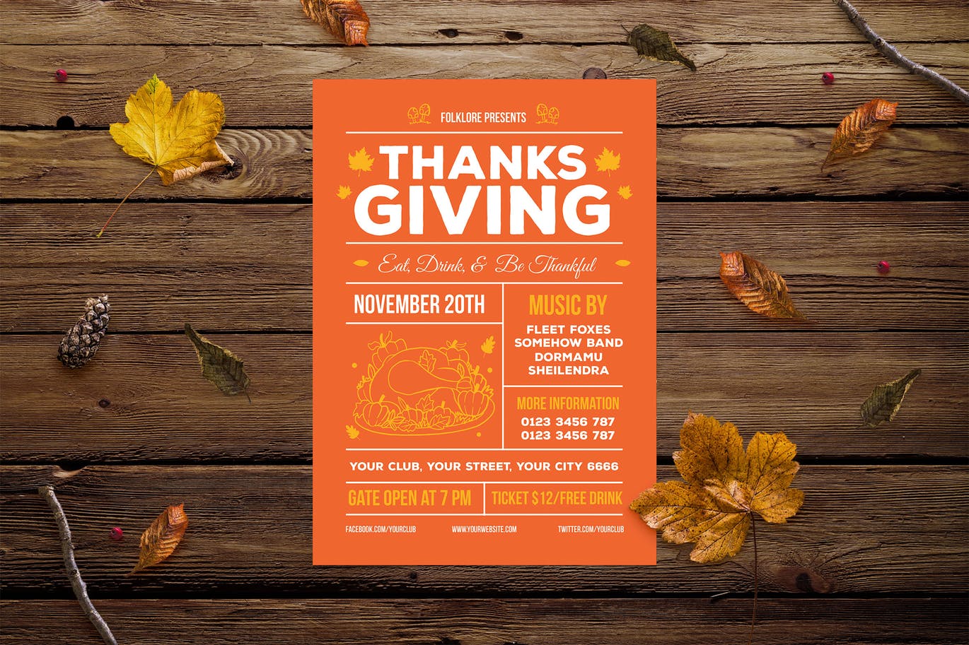 水彩枫叶设计风格俱乐部感恩节活动海报设计模板 Thanksgiving Flyer插图