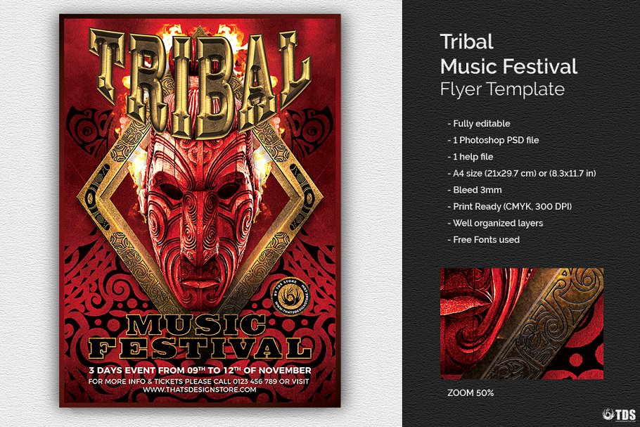 部落音乐节传单PSD模板 Tribal Music Festival Flyer PSD插图