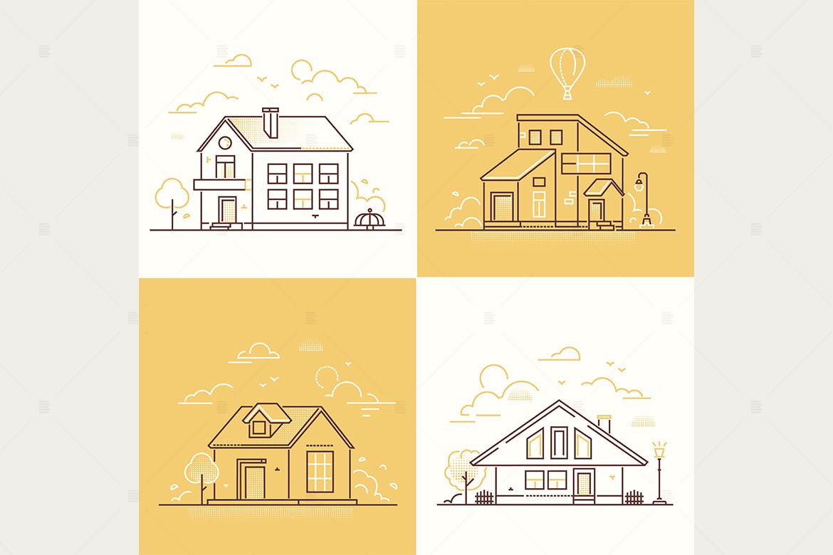城镇建筑线条设计风格插画素材 Town buildings – line design style illustrations插图(1)