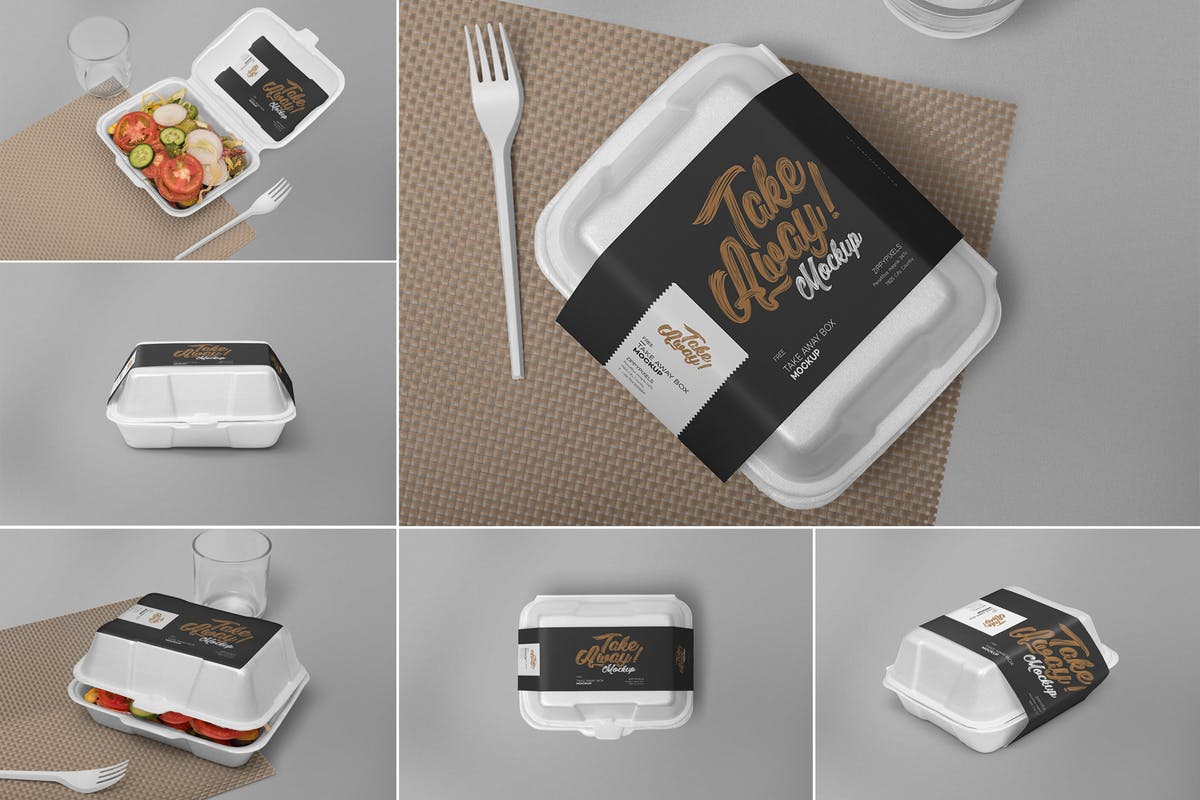一次性食品快餐盒泡沫包装样机 6 Disposable Food Packaging Mockups插图