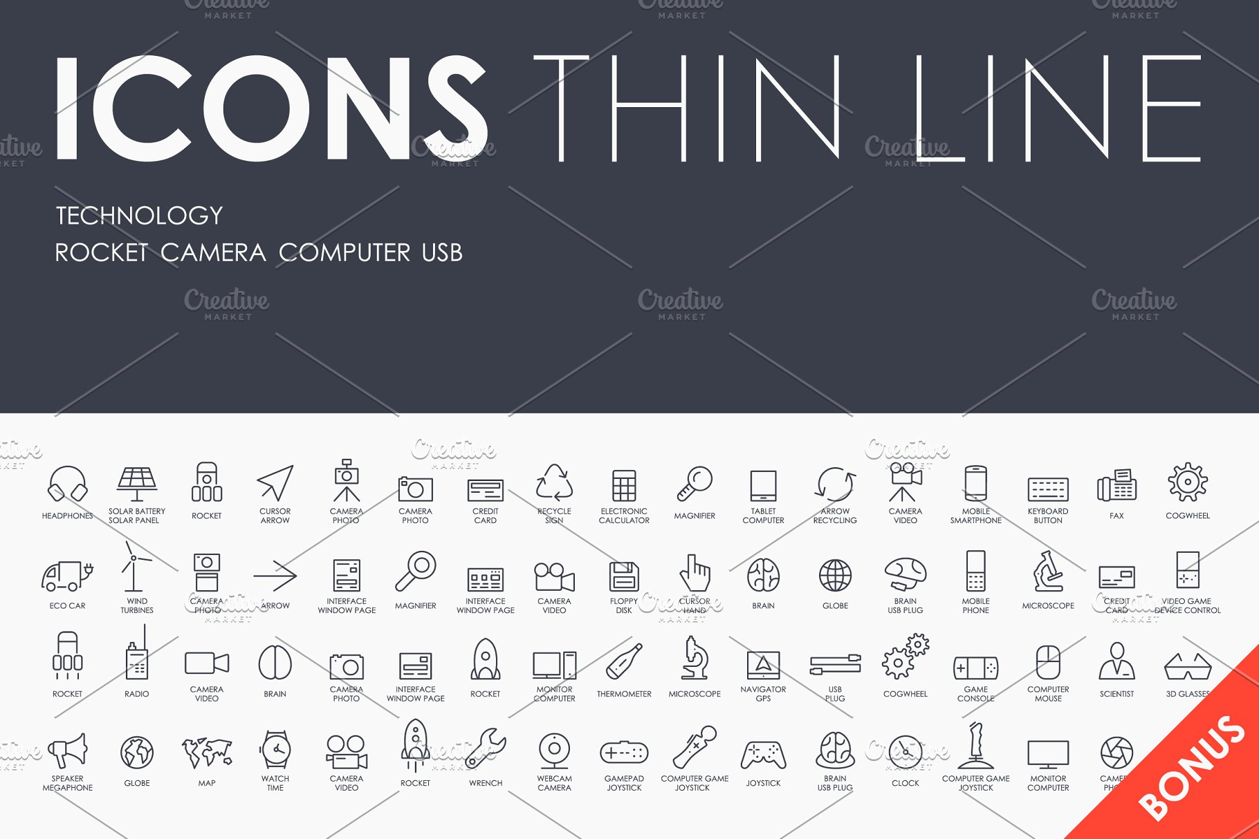 技术科技类细笔画小图标素材 Technology thinline icons + BONUS插图