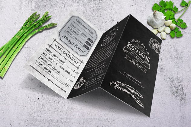 粉笔画素描风格三折页西式快餐设计模板 Sketch Trifold Food Menu A4 and US Letter插图(5)