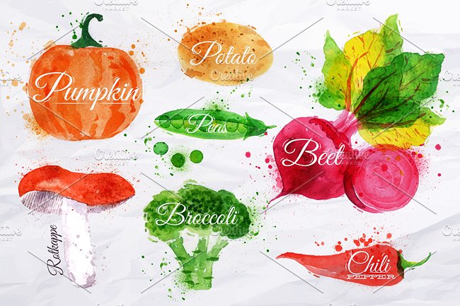 常见蔬菜水彩剪切画素材包 Vegetables Watercolor插图(2)