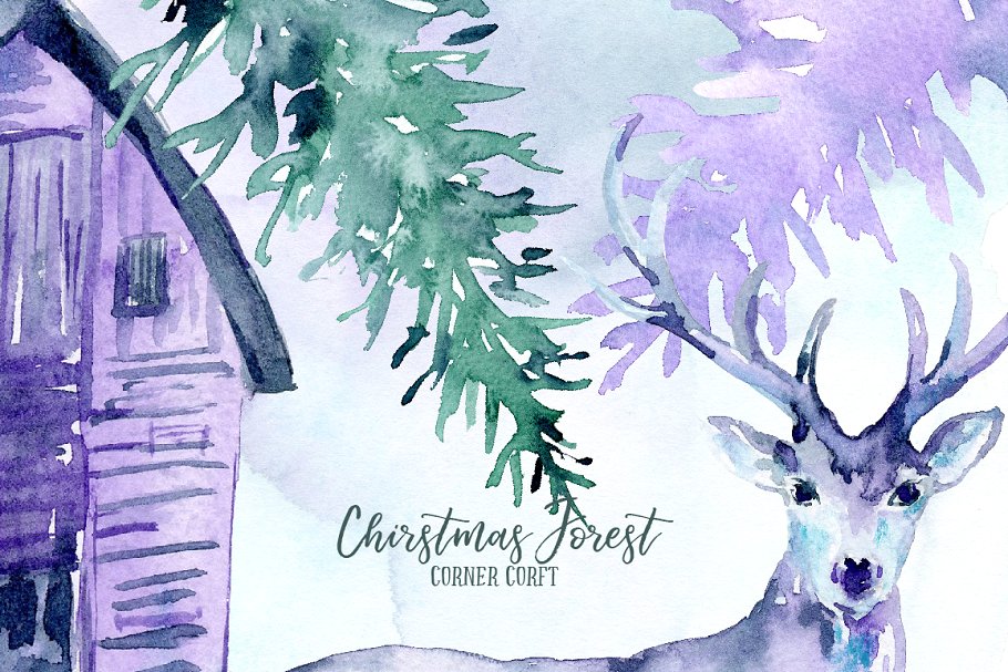 圣诞节奇幻森林水彩插画 Watercolor Christmas Forest插图(4)