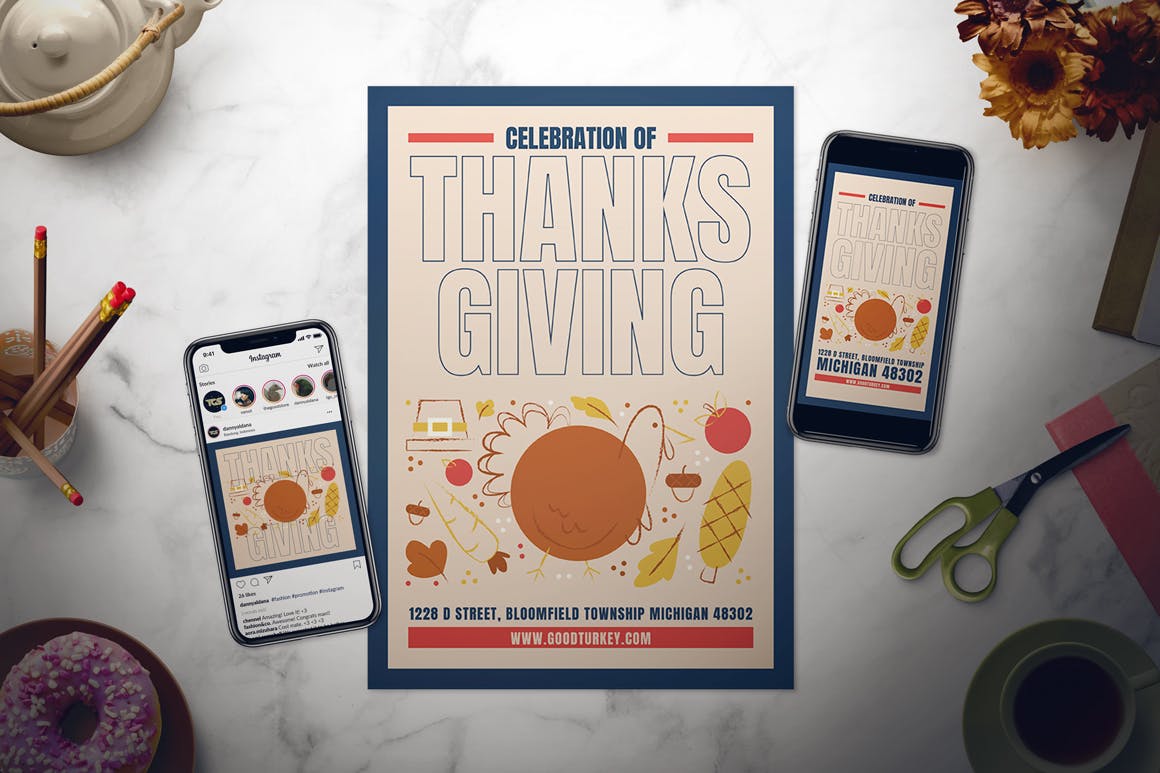 简约设计风格感恩节节日海报传单设计模板 Thanksgiving Flyer Set插图(1)