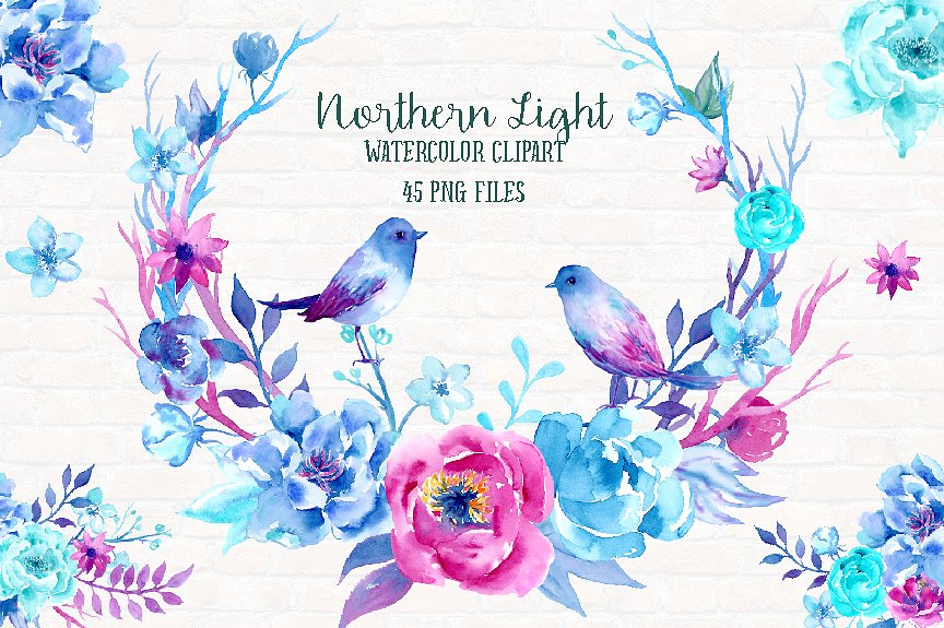 北极光色彩花卉水彩剪贴画 Watercolor Clipart Northern Light插图