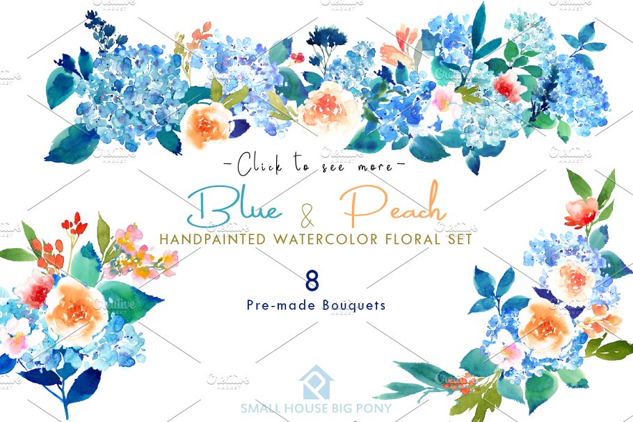 蓝色和桃色-水彩花卉元素套装 Blue & Peach- Watercolor Floral Set插图(2)